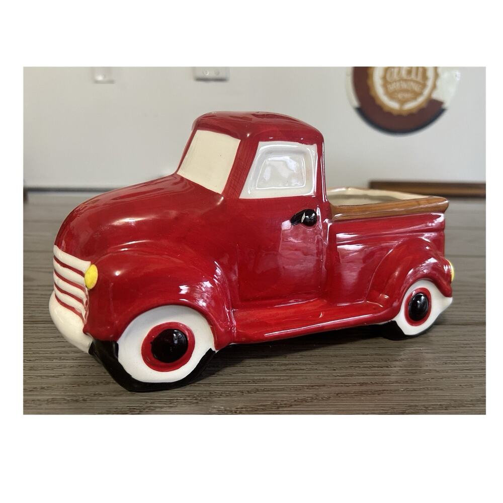 Red Ceramic Vintage Pickup Truck Figurine Christmas Decor